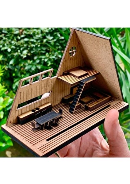 Minyatür Ev Yapım Seti Ahşap Malzemeden Modern A-Formlu 14.5 cm