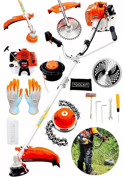 Alman 16 Hp Tam Profesyonel Yan Tipi Benzinli Tırpan Ot Çalı Çim Biçme Makinesi Turuncu + Canavar Başlık