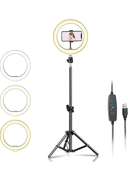 10 Inch Youtuber LED Işıklı Halka Telefon Tutuculu 10 Inch 26 cm Selfie/yayıncı/makyaj Işığı 210 cm Tripod F08