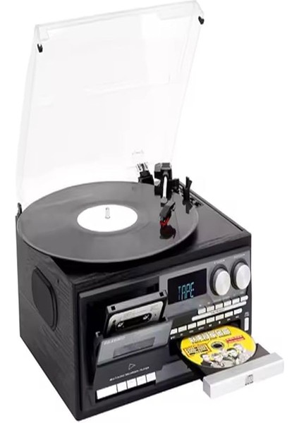 Hepsi Bir Arada Elektrikli Vintage Plak Çalar CD Çalar Kaset USB Bluetooth Tf Aux Kumandalı Pikap, Siyah