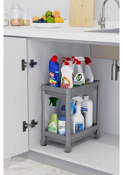 2 Katlı Tekerlekli Düzenleyici Raf, Banyo Dolabı, Mutfak Tezgah ve Evye Altı