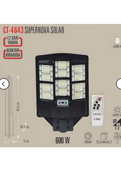Ekim Aydınlatma Cata CT-4643 600W Süpernova Solar Sokak Armatürü