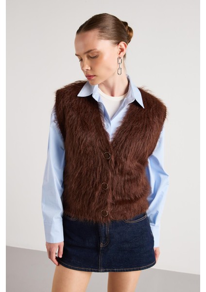 Pelüş Triko Yelek Kahve