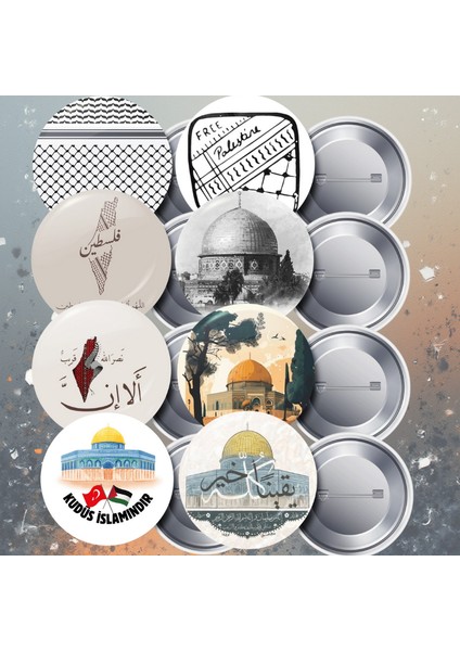 Filistin Kudüs Gazze Temalı 8 Farklı Çeşit Iğneli Yaka Rozeti 58 mm Büyük Boy