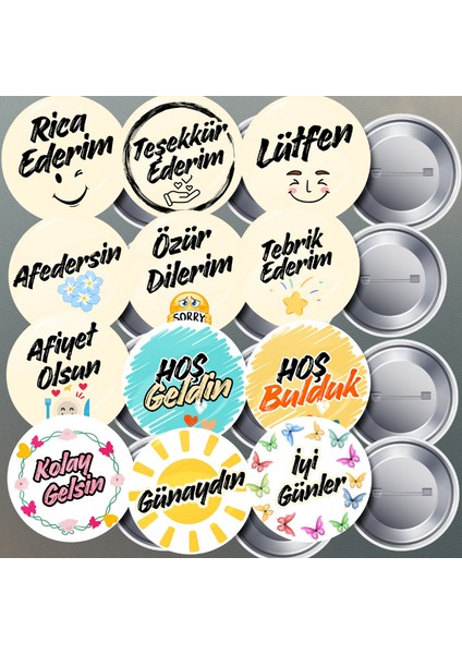 12 Adet Nezaket Ifadeleri Metal Yaka Rozet Seti 58 mm