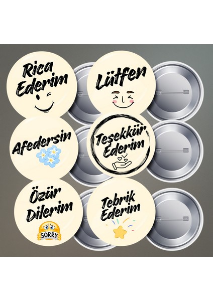 12 Adet Nezaket Ifadeleri Metal Yaka Rozet Seti 58 mm modelleri
