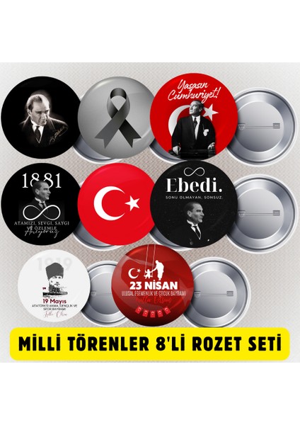 Milli Törenler 29 Ekim 10 Kasım 23 Nisan 19 Mayıs 8'li Iğneli Metal Yaka Rozet Seti