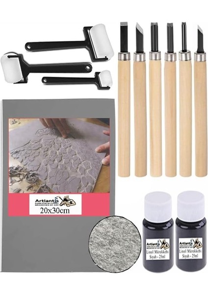 Baskı Seti 1 Paket A4 20 x 30 Linolyum Tabaka Gri Linol Oyma Seti 6 Bıçaklı Rulo Fırça Mürekkep Linol Baskı Seti