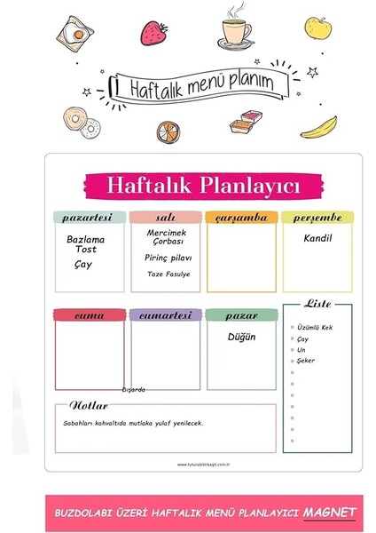 Kağıt Haftalık Menü Planlayıcı Mıknatıslı Yazı Tahtası 30X30 cm Buzdolabı Magneti +Kalem