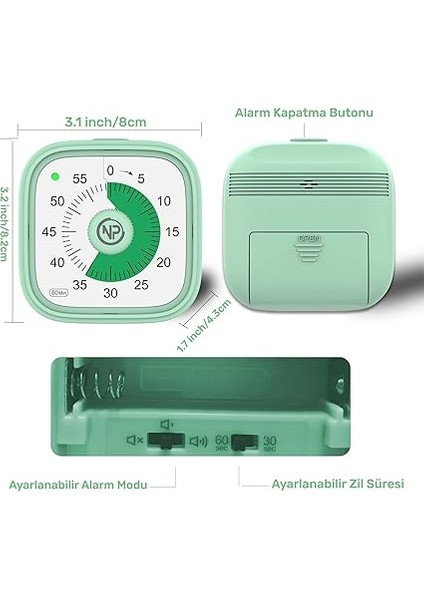 Mutfak,ders,yemek Için 60DK Analog Alarm Zamanlayıcı,pomodoro Öğrenci Motivasyon Saati (Yeşil) modelleri