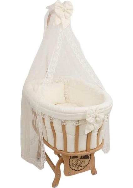 Sepet Ahşap Bebek Beşiği, 0-1 Yaş, Anne Yanı Sallanan Beşik, Demonte, Uyku Setli, YATAKLI,%100 Pamuklu Kumaş, Oeko Tex, Sepet Beşik, Çocuk Beşikleri (Krem Fransız)