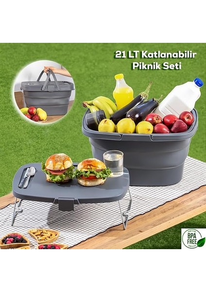 07-1304 Katlanır Piknik Sepeti - Silikonlu Katlanabilir Saklama Kutusu - 21 L Antrasit fiyatları