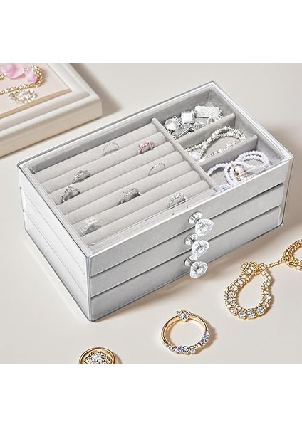 Kutusu, Büyük, 3 Katlı Takı Kutusu, Şeffaf Görsel Takı Düzenleyici, Yüzükler, Kolyeler, Küpeler, Bileklikler Için Takı Saklama, 23,5 x 13,5 x 11 Cm, Gri fırsatları