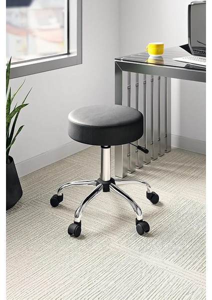 Krom Ayaklı Tekerlekli Ofis Kasiyer Taburesi Deri Döşeme Siyah Ergonomik Tasarım ile Rahat Oturum