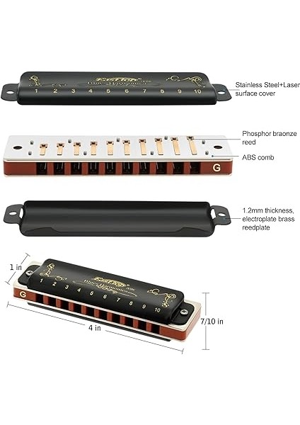 Top G 10 Delikli Harmonika Anahtarı 20 Ton 008K Blues Arp Ağız Organı, Siyah Kapaklı, Yetişkinler, Profesyoneller ve Öğrenciler Için Üst Sınıf Armonika modelleri