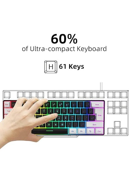 Leaven K620 Type-C Kablolu Klavye LED Rgb 61 Tuşlu Rgb Mekanik Oyuncu Işıklı Klavye Ergonomik Tasarım Bilgisayar Pc Için Gaming Keyboard Beyaz Renk Kırmızı Switch fırsatları