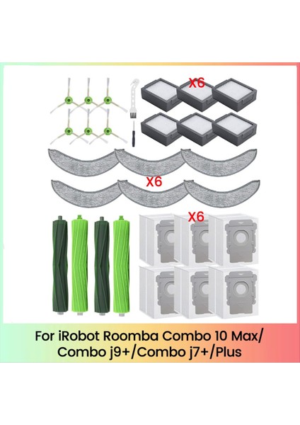 Irobot Roomba Combo 10 Max, Combo J9+, Combo J7+/plus Elektrikli Süpürge Parçaları Kauçuk Fırçalar Paspas Filtreleri Yan Fırça Toz Torbaları (Yurt Dışından)