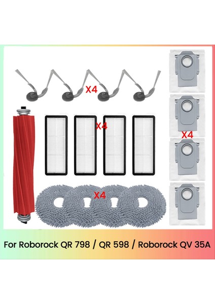 Roborock Qr 798 / Qr 598 / Qv 35A Elektrikli Süpürge Parçaları Için 17 Adet Ana Yan Fırça Hepa Filtre Paspas Bezi Toz Torbası (Yurt Dışından)