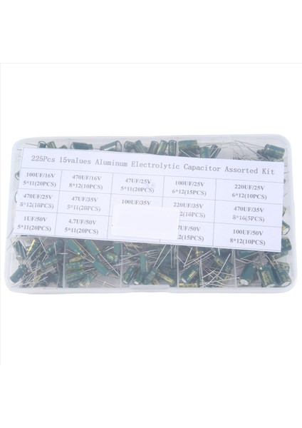 225PCS Alüminyum Elektrolitik Kapasitör Frekans Satır Içi Kit 15 Çeşit Özellikler Direnç Değeri (Yurt Dışından)