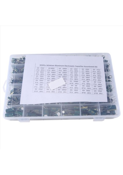 925PCS Alüminyum Elektrolitik Kapasitör Frekanslı Sline Kit 36 Tür Özellikler Direnç Değeri (Yurt Dışından)