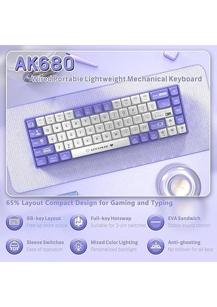 Ajazz AK680 65% Kablolu Hotswap Mekanik Oyun Klavyesi,68 Tuşlu Taşınabilir Anti-Ghosting Klavye,gökkuşağı Arkadan Aydınlatmalı Programlanabilir,eva Sandviç,ergonomik Mor Beyaz/red Switch fırsatları