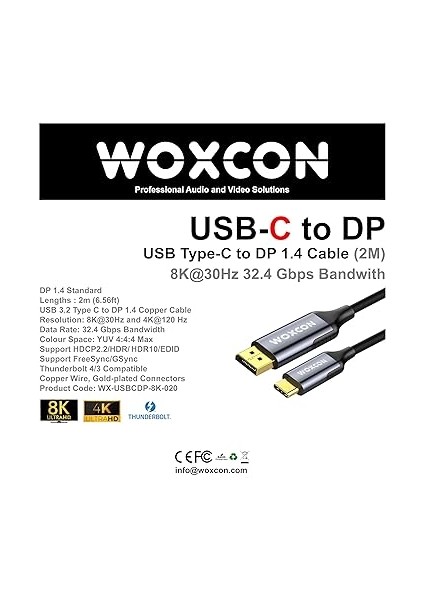 - Usb-C To Display Port Cable, Dp1.4, USB 3.2 Standart, 8k 30Hz, 4K 120Hz Desteği, Thunderbolt 4, Thunderbolt 3, 2 Metre, En Yeni Model fiyatları