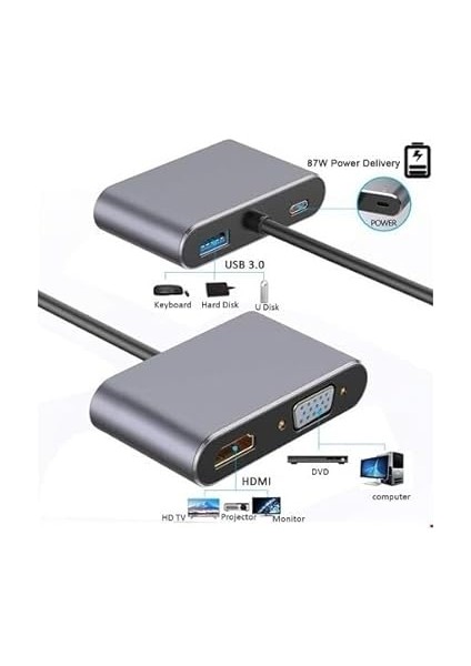 CF02 Macbook Uyumlu Type-C™ To 4K Ultra Hd 1080P Hdmı/vga/pd Şarj/usb 3.0 4ın1 Çevirici Hub Adaptör fiyatları