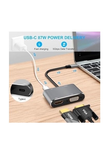 CF02 Macbook Uyumlu Type-C™ To 4K Ultra Hd 1080P Hdmı/vga/pd Şarj/usb 3.0 4ın1 Çevirici Hub Adaptör indirimleri