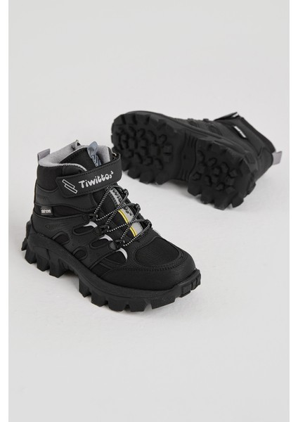 Çocuk Unisex Siyah Gri Kalın Kauçuk Taban Lastik Bağcıklı Cırtlı Outdoor Trekking Bot