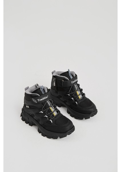 Çocuk Unisex Siyah Gri Kalın Kauçuk Taban Lastik Bağcıklı Cırtlı Outdoor Trekking Bot modelleri