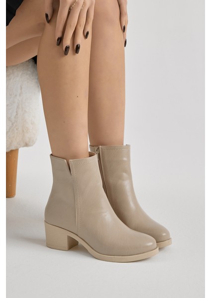 Kadın Bej Cilt Termo Taban Fermuarlı Topuklu Bot