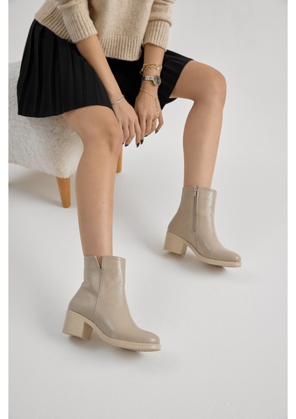 Kadın Bej Cilt Termo Taban Fermuarlı Topuklu Bot fiyatları
