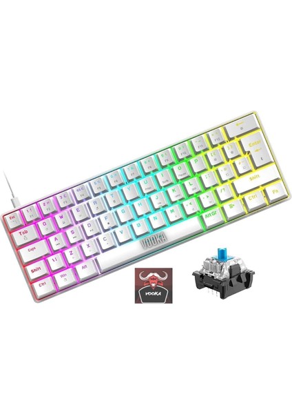 Trol Blue Switch Mini Rgb Oyun Klavyesi Gaming Mekanik 62 Tuşlu 18 Rgb LED USB Tip-C Kablosu Beyaz