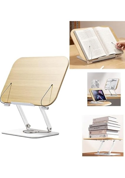 Profesyonel Kitap Okuma Tutucu Ders Çalışma Sunum Standı Kaliteli Karbon Çelik ve Ahşap Malzeme 360 Derece Döner Yüksekliği ve Açısı Ayarlanabilir Tablet Tutucu Kullanım TM13 Açık Kahve modelleri