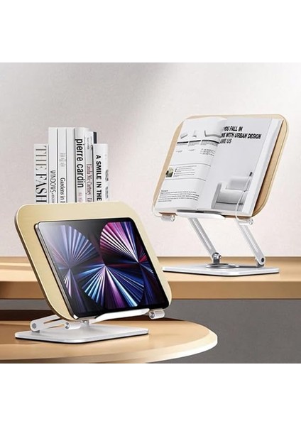 Profesyonel Kitap Okuma Tutucu Ders Çalışma Sunum Standı Kaliteli Karbon Çelik ve Ahşap Malzeme 360 Derece Döner Yüksekliği ve Açısı Ayarlanabilir Tablet Tutucu Kullanım TM13 Açık Kahve fırsatları