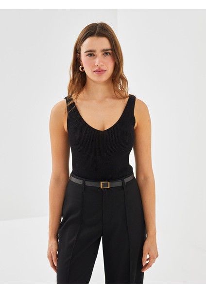 Yeni Sezon V Yaka Parlak Görünümlü Kadın Triko Atlet