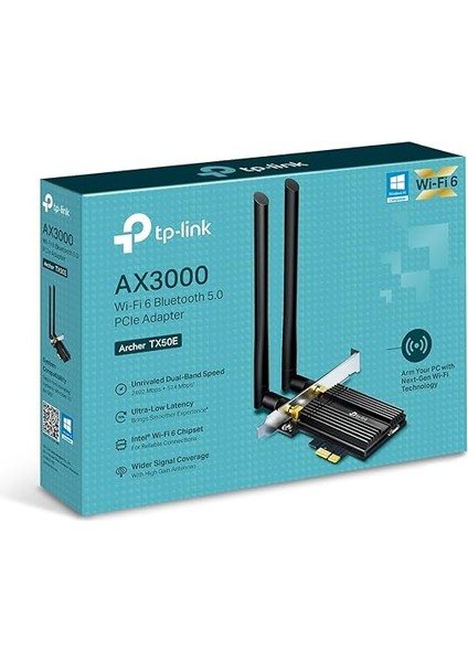 Archer TX50E, AX3000 Mbps Wi-Fi 6 Bluetooth 5.0 Pcıe Ağ Kartı, Iki Anten, 1024-QAM,OFDMA ve 160 Mhz Bant Genişliği, Ultra Düşük Gecikme, Intel Wi-Fi 6 Yonga Seti, Windows 10/11'i Destekler indirimleri