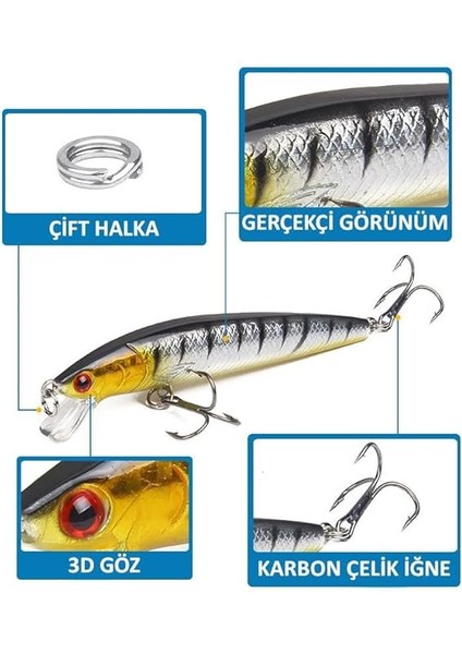 10 Adet 10CM 9gr Rapala Minnow Sahte Olta Yem Seti 10 Farklı Renk Gerçekçi Görünüm Karbon Çelik İğne modelleri