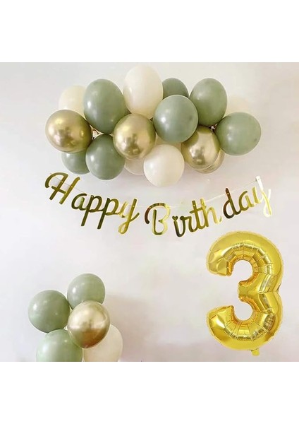 Yaş Küf Yeşili, Deniz Kumu ve Krom Gold Balonlu Doğum Günü Seti 12 Adet Küf Yeşili Balon 4 Adet Krom Gold