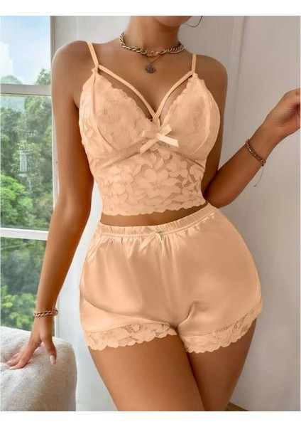 Venüsshopping- Sarı Dantelli Büstiyer Ince Askılı Saten Şortlu Takım