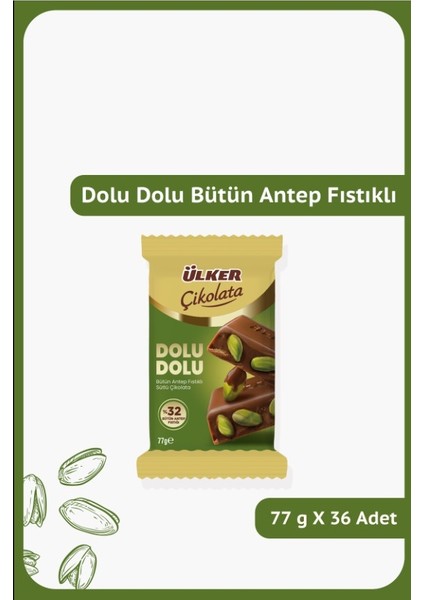 Dolu Dolu %32 Bütün Antep Fıstıklı Sütlü Çikolata - 77 Gram - 36 Adet