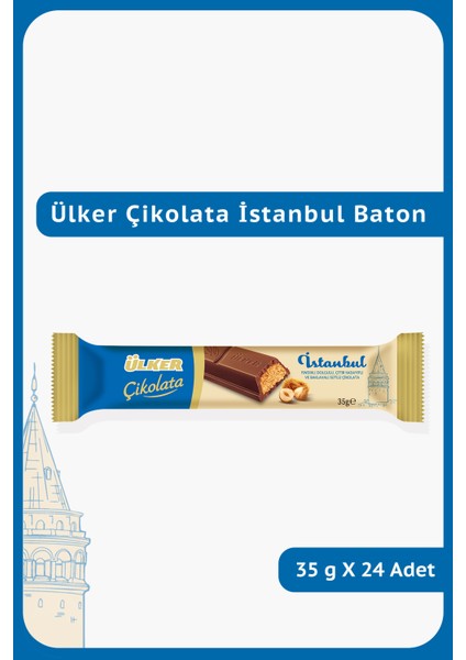 Çikolata Istanbul Baton-Fındıklı Dolgulu, Çıtır Kadayıflı ve Baklavalı Çikolata-35 Gram-24 Adet