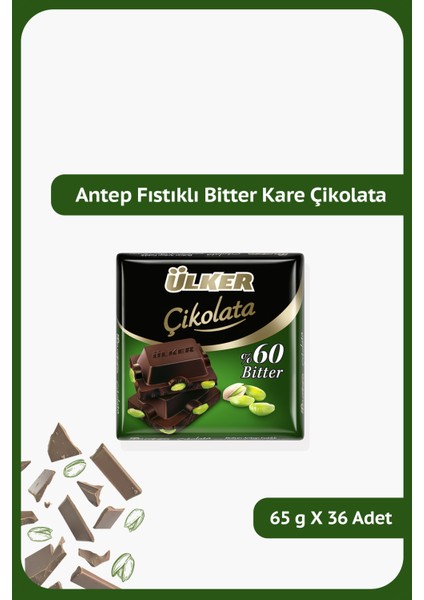 %60 Bitter Antep Fıstıklı Kare Çikolata - 65 Gram - 36 Adet