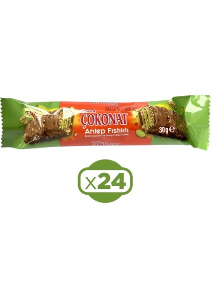 Çokonat Antep Fıstıklı - Sütlü Çikolatalı ve Antep Fıstıklı Gofret - 30 Gram - 24 Adet