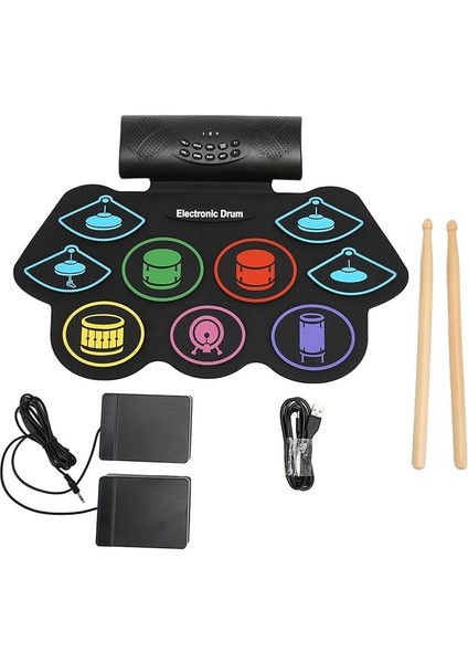 Electronic Drum, 9 Pads Renkli Davul Uygulama Pedi Harici Ses ve Bt Desteği ile Set, Taşınabilir Dijital Davul Kiti