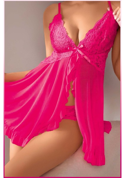Kadın Seksi Fuşya Tül Gecelik ve Külot Takım