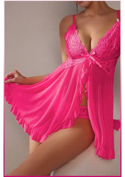 Kadın Seksi Fuşya Tül Gecelik ve Külot Takım modelleri