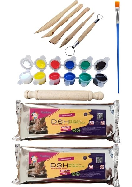 Doğal Seramik Hamuru 2’li Beyaz Seramik Başlangıç Seti 1000 gr Kil Hamuru ve 6'lı Boya ile Fırça