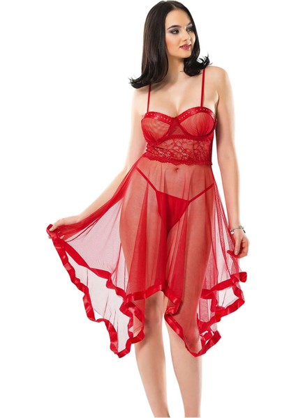 Kırmızı Petli Tül Şifon Gecelik - 229