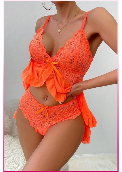 Kadın Zarif Turuncu Tül Gecelik ve Külot Takım modelleri